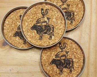 Sous-verres en liège coq vache cochon : sous-verres avec couvercle de pot Mason de ferme, lot de 4