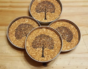 Sous-verres en liège estampés arbre - couvercle de pot Mason - décoration de ferme