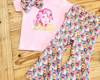 Dolly flare pants, birthday pants, flare leg pants, first birthday outfit, dolly shirt, pink flare, bell bottoms, cowgirl flare leg pants
