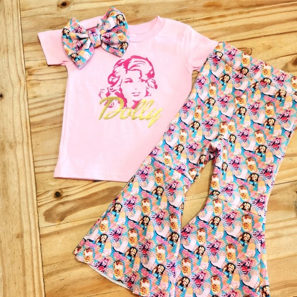 Dolly flare pants, birthday pants, flare leg pants, first birthday outfit, dolly shirt, pink flare, bell bottoms, cowgirl flare leg pants