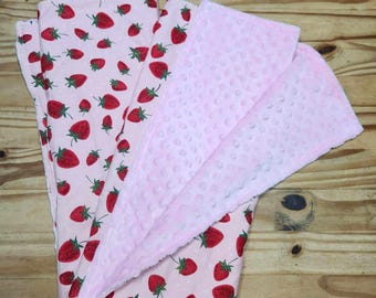 Strawberry Baby Blanket: Pink Cotton & Minky Crib Blanket (42x34)