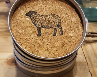 Sous-bocks mouton : sous-bocks rustiques en liège de ferme, lot de 4