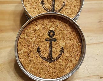 Sous-verres en liège Anchor : couvercle de pot Mason, décoration d'intérieur nautique (Ensemble de 4)