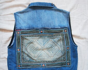 Fringe Jacket Hmong fabric denim Vest with Metal Nails | Vintage jean | Boho Festival Outfit | One of a Kind | Statement Upcycled Fashion