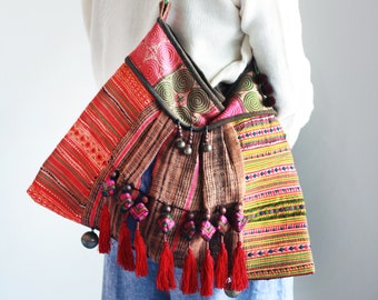 Hmong fabric Festival Leather Bag Tribal Vintage Tote Bag for Women, Ecofashion Ethnic Fashion, Boho Unique Bohemian, Up-cycled Sustainable