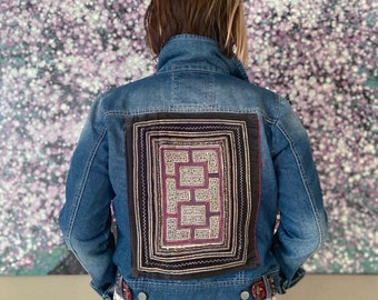 HMONG jacket Embroidered denim | Embellished jean jacket | Boho Festival Outfit | 70s style | One of a Kind | Statement Upcycled Fashion