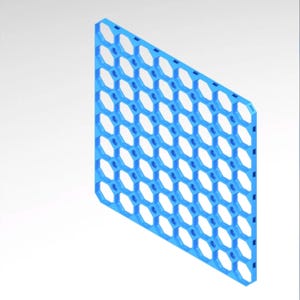 May include: A blue, rectangular grid featuring a repeating pattern of hexagonal openings. The grid has rounded corners and a three-dimensional appearance. The colour is a bright, solid blue, suggesting it is a physical object.