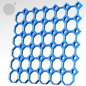 May include: A blue plastic grid featuring a repeating hexagonal design. The grid incorporates circular holes at the intersections of the hexagons. The overall structure is geometric and symmetrical.