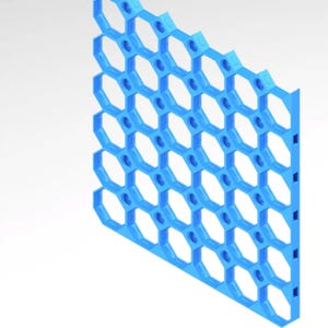 May include: A blue plastic grid featuring a honeycomb design. The grid is made up of hexagonal cells, each with small circular holes. The pattern repeats across the surface. The object is angled, providing a 3D view.