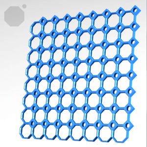 May include: A blue, open-grid mat with a repeating pattern of octagons and diamond-shaped connectors. The mat has circular openings within each shape. The background is white.