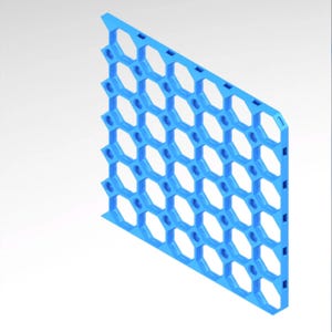 May include: A blue geometric panel with a honeycomb pattern of hexagonal openings and small circular holes. The panel has a three-dimensional appearance and is set against a white background.