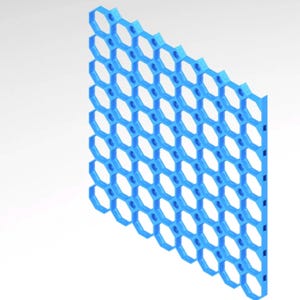 May include: A blue, geometric, honeycomb-patterned structure. The design features a repeating pattern of interconnected hexagonal shapes, creating a grid-like appearance. The object is rendered in a solid, light blue colour against a white background.