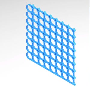May include: A light blue, honeycomb-patterned structure. The design features a series of interconnected hexagonal shapes, creating an open, grid-like appearance. The object is rendered in a 3D style, with a smooth, clean finish. The overall shape is a partial rectangle.