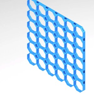 May include: A blue plastic panel with a honeycomb pattern. The panel is composed of hexagonal cells linked by narrow supports. Each hexagon contains a small circular hole. The design indicates a modular or organisational element, possibly for storage.