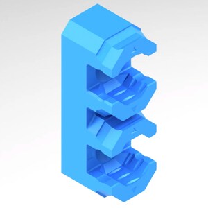 May include: A light blue, 3D-rendered object with a distinctive geometric design. The object has a rectangular base and features three open compartments. The overall shape is similar to the letter "E".