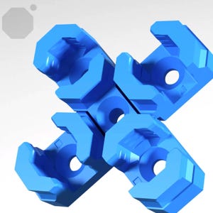 May include: A 3D-rendered image of a blue plastic connector. The connector is made of four interlocking parts, each with a circular hole and a notched end. The parts are arranged in a cross shape.