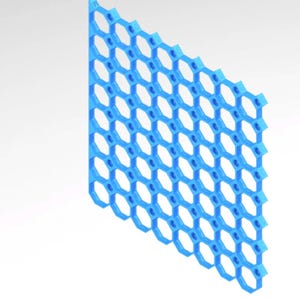 May include: A blue, geometric structure with a honeycomb pattern. The design features a series of interconnected hexagonal shapes with circular openings. The object is rendered in a 3D style, with a slight angle, and is set against a white background.