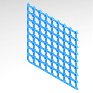 May include: A blue, geometric structure with a honeycomb pattern. The design features interconnected hexagonal shapes with circular openings. The object is a solid, three-dimensional form, with a clean, modern aesthetic.