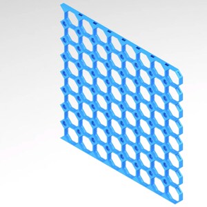 May include: A light blue panel featuring a honeycomb pattern. The design is composed of interconnected hexagonal shapes, creating a grid-like structure. The panel has a slightly angled edge. The overall design is geometric and repetitive.