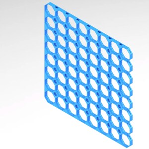 May include: A blue, geometric panel featuring a repeating hexagonal pattern. The panel is constructed from a solid material and has a grid-like structure with evenly spaced openings. The design is modern and abstract.