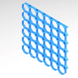 May include: A light blue plastic grid featuring a honeycomb pattern. The grid is made up of many hexagonal cells, each with a small circular hole in the middle. The overall shape is a partial rectangle, with a clean, modern design.