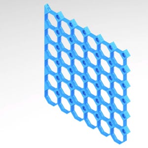 May include: A blue, geometric structure with a honeycomb pattern. The design features a series of interconnected hexagonal and rectangular shapes, creating a grid-like appearance. The object is rendered in a solid, light blue colour and appears to be made of plastic.
