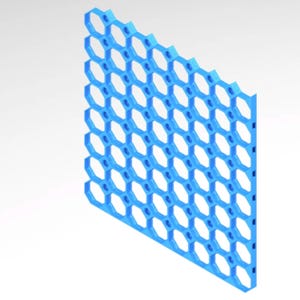 May include: A blue, geometric structure with a honeycomb pattern. The design features a series of interconnected hexagonal shapes, creating an open, lattice-like appearance. The structure is made of a solid, opaque material and is angled slightly, showcasing its three-dimensional form.
