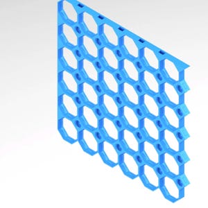 May include: A light blue, geometric structure featuring a honeycomb pattern. The design is composed of interconnected hexagonal shapes, each with small circular holes. The structure is three-dimensional and appears to be made of plastic.