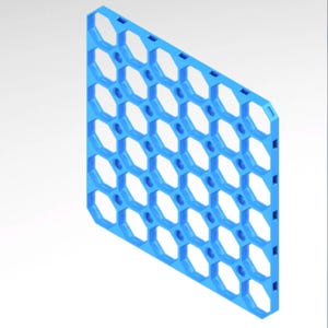 May include: A vibrant blue, geometric panel with a repeating pattern of interconnected, hexagonal openings. The panel has a grid-like structure with small circular holes at the intersections of the hexagons. The design is rendered in a 3D style.