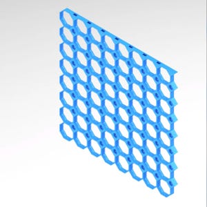 May include: A blue, honeycomb-patterned structure with hexagonal openings. The object has a repeating design and a three-dimensional appearance. The structure is made of a solid material and is set against a white background.