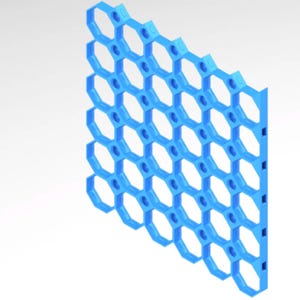 May include: A light blue, honeycomb-patterned structure with hexagonal cells. The structure is made of a series of interconnected shapes, with small circular holes in the center of each hexagon. The design is a repeating pattern, and the object is set against a white background.