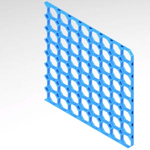 May include: A light blue, geometric panel featuring a honeycomb pattern. The panel is rectangular with numerous hexagonal openings arranged in a grid. The edges are straight, and the design is symmetrical. The panel is constructed from a solid material.