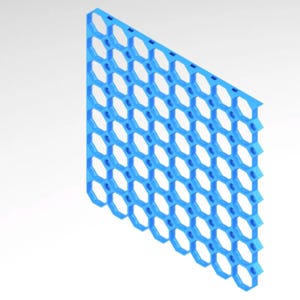 May include: A blue, honeycomb-patterned panel. The panel is composed of interconnected hexagonal shapes, forming an open, lattice-like structure. The color is a bright, solid blue, and the panel appears to be made of plastic or a similar material.