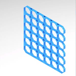 May include: A blue, geometric, honeycomb-patterned object. The object is a flat, rectangular shape with a series of hexagonal openings arranged in a grid. The design is rendered in a solid, light blue colour, and the edges are clean and defined.