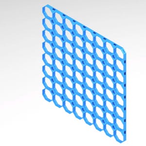 May include: A blue, geometric structure with a honeycomb pattern. The design features numerous hexagonal openings arranged in a grid. The object appears to be made of a solid material, possibly a component or decorative element.