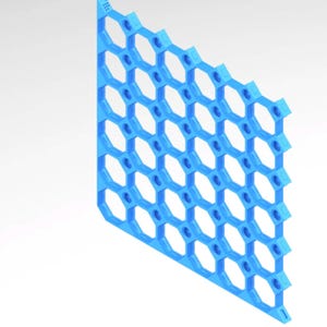 May include: A blue, triangular grid with a honeycomb pattern. The grid is made of plastic and has a series of hexagonal openings. The design is a repeating pattern of open cells, creating a geometric structure.