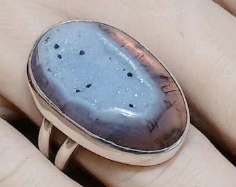 Drusy Agate And Sterling Silver Ring, One Of A Kind Ring, Handcrafted Ring, Jewelry Art, Wearable Art, Made In USA