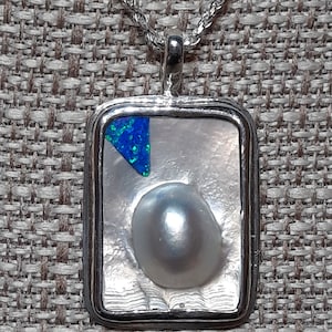 Blister Pearl And Sterling Silver Pendant With Synthetic Opal Inlay, Handcrafted Pendant, One Of A Kind Pendant, Jewelry Art, Wearable Art