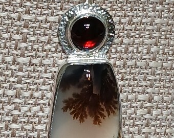 Dendritic Agate With Garnet In Sterling Silver Pendant, One Of A Kind Pendant, Handcrafted Pendant, Jewelry Art, Wearable Art, Made In USA