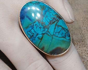 Chrysocolla And Sterling Silver And Brass Ring, One Of A Kind Ring, Handcrafted Ring, Jewelry Art, Wearable Art, Made In USA