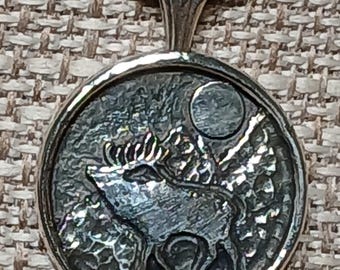 Sterling Silver Elk Pendant With Mountain And Moon, One Of A Kind Pendant, Handcrafted Pendant, Jewelry Art, Wearable Art, Made In USA