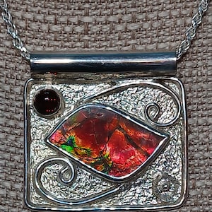 Ammolite And Sterling Silver Pendant With Garnet Accent, One Of A Kind Pendant, Handcrafted Pendant, Artisan Pendant