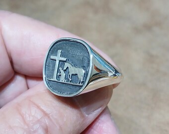 Man's Sterling Silver Ring With Christian Cowboy Theme,Handcrafted Ring, Jewelry Art, Wearable Art, Made In USA