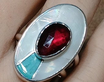Garnet-Mother Of Pearl-Turquoise And Sterling Silver Ring, One Of A Kind Ring, Handcrafted Ring, Jewelry Art, Made In USA