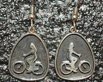 Sterling Silver Earrings With Bicycle Rider, One Of A Kind Earrings, Handcrafted Earrings, Jewelry Art, Wearable Art, Made In USA