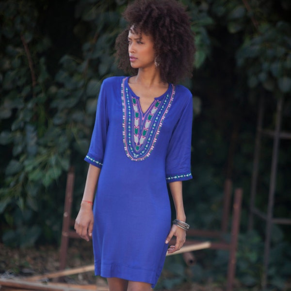 Royal Blue Borduren Caftan Tuniekjurk, Lente Dames Caftan Lange mouwen jurk, Boho Zomerjurk, losse Tribal Etnische Jurk