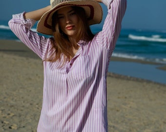 Lavender Striped Oversize Beach Tunic Shirt Dress, Long Sleeves Beach Cover Up Dress, Boyfriend Shirt for Women, Women Vacation Resort Dress