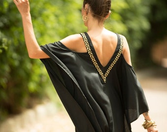 Black and Gold Kaftan Hippie Evening Dress, Oversize Open Back Cold Shoulder Embroidered Long "Michelle" Dress