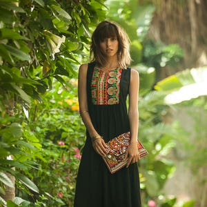 Tribal Maxi Summer Dress, Ethnic Long Dress, Black Ethnic Indian Embroidery Dress, Black Bohemian Rayon Flattering OOAK Dress Tamara Dress image 1