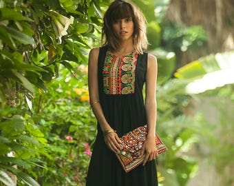 Tribal Maxi Summer Dress, Ethnic Long Dress, Black Ethnic Indian Embroidery Dress, Black Bohemian Rayon Flattering OOAK Dress - Tamara Dress